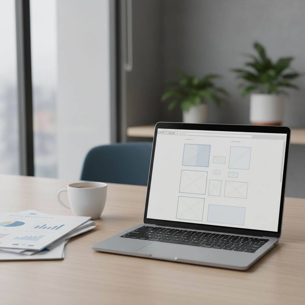 A conceptual diagram showing an AI brain processing business information and generating a website layout on a computer screen.