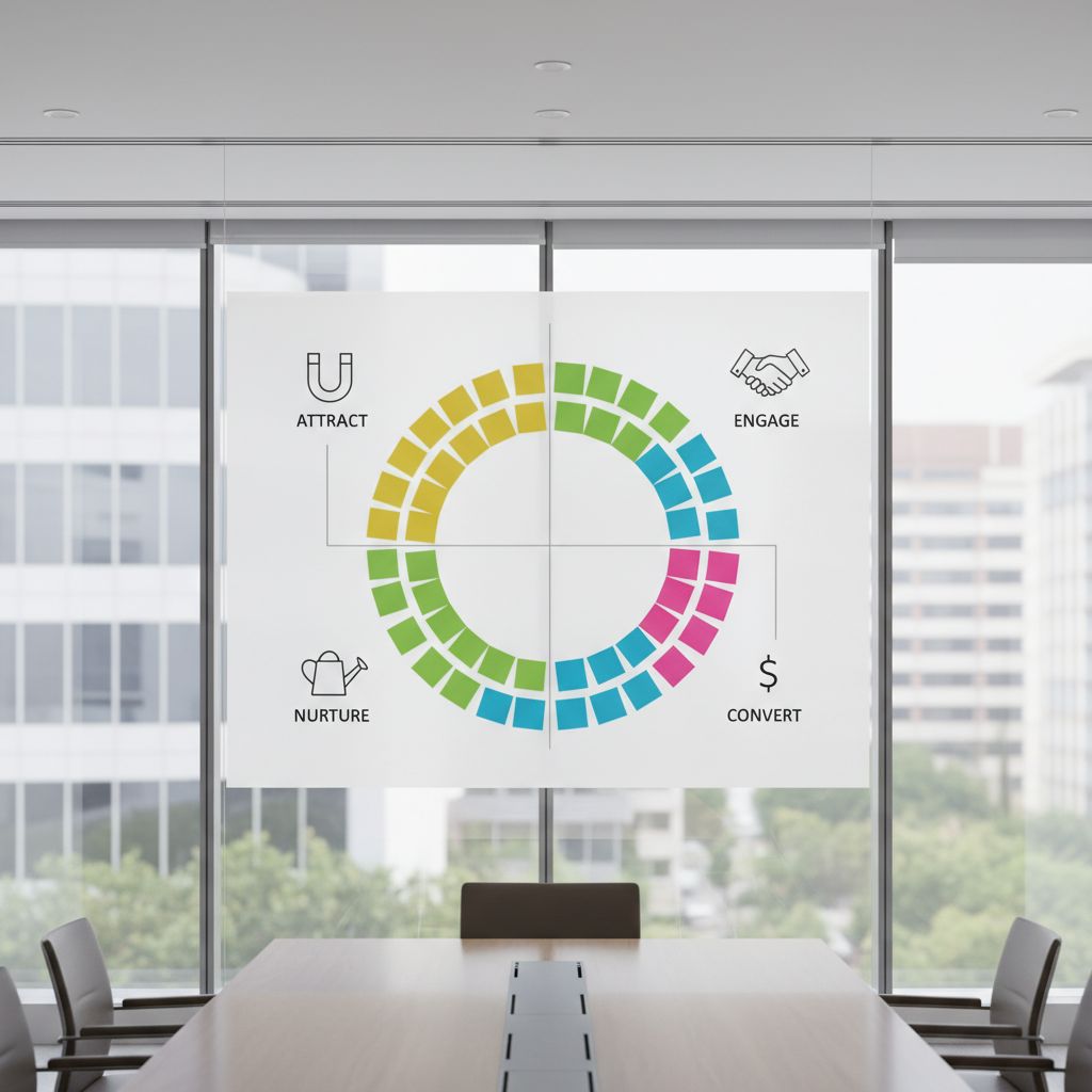 Un diagramme circulaire montrant les étapes du marketing automation : Attirer, Engager, Nourrir, et Convertir, avec des icônes pour chaque étape.