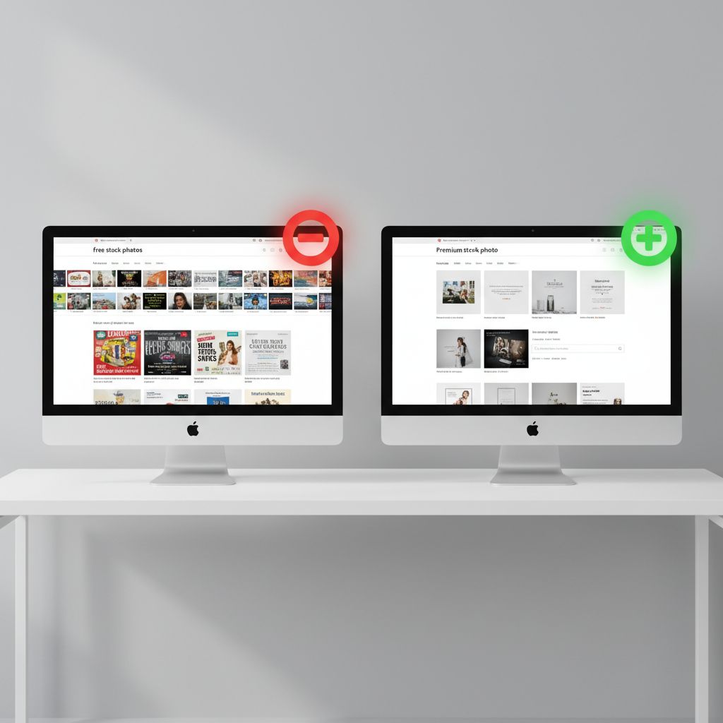 Un tableau comparatif simple montrant les avantages et les inconvénients des banques d'images gratuites par rapport aux banques d'images payantes, avec des icônes pour le coût, la qualité, l'unicité et la sécurité juridique.