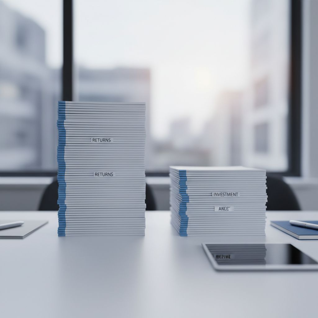 A simple visual graphic breaking down the Content Automation ROI formula into its core components Total Returns and Total Investment with icons for each.