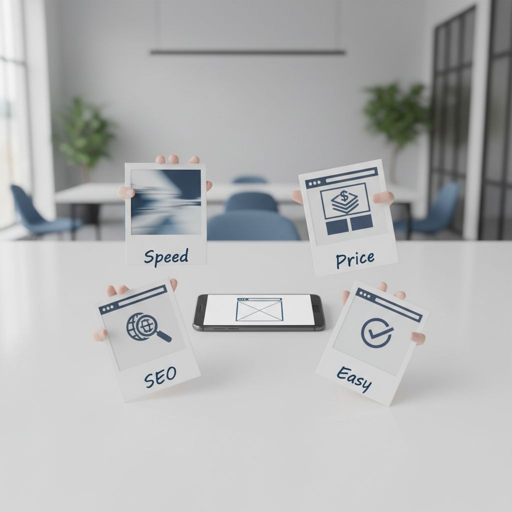 A chart that breaks down the main perks of an AI website builder for local shops: Speed, Affordability, Simplicity, and Built-in Local SEO.