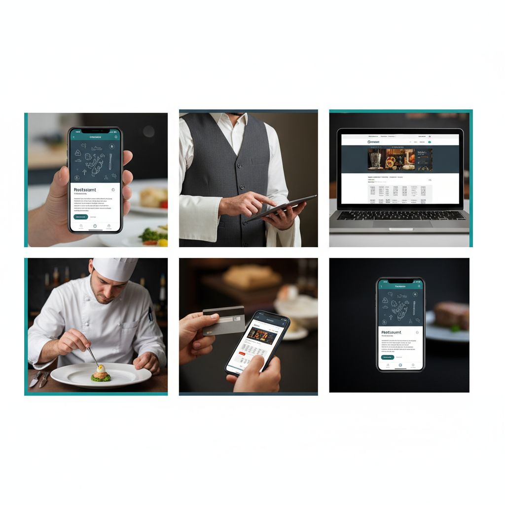 An infographic with icons representing a restaurant website's essential features: Menu Integration, Online Ordering, Reservation System, Food Photography, and Mobile Optimization.