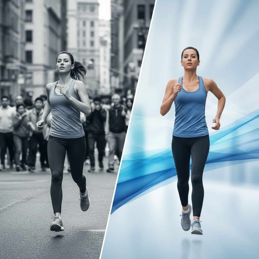 Une comparaison avant/après d'une photo de course à pied. L'image 'avant' montre des spectateurs en arrière-plan, tandis que l'image 'après', retouchée par l'IA, présente un arrière-plan épuré et cinématographique.