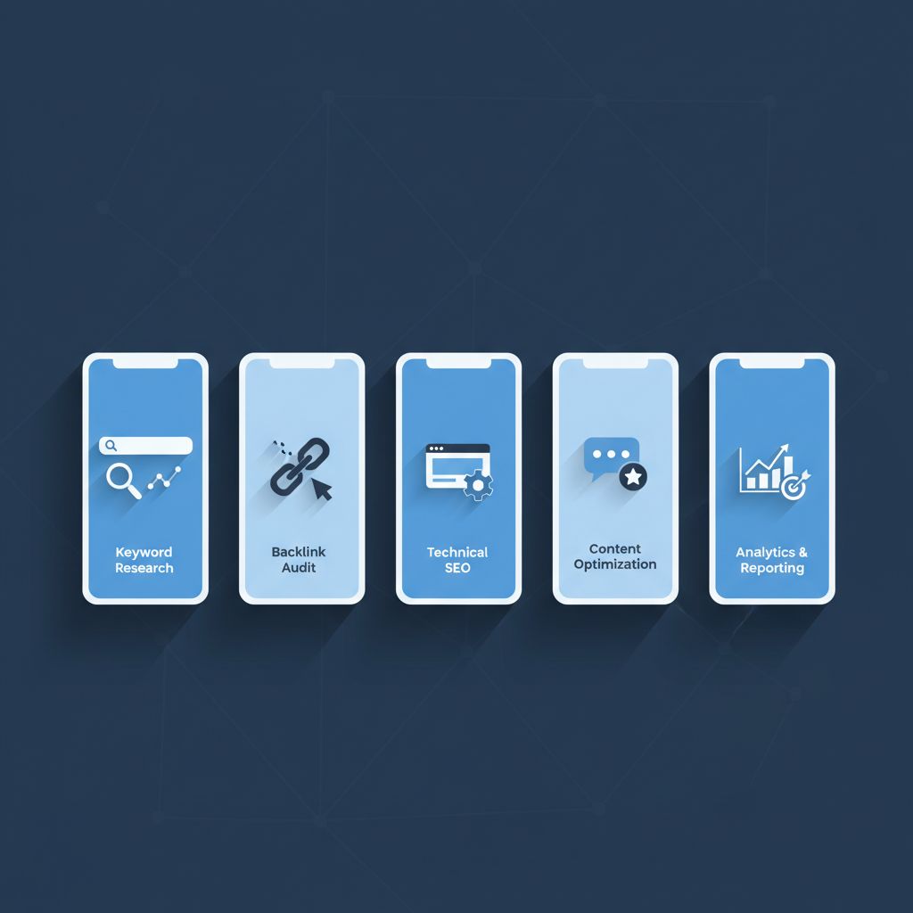 An infographic called 'Key SEO Features in AI Builders'. It has icons and quick notes for Meta Tags, Site Structure, AI Content, Alt Text, and Schema Markup.