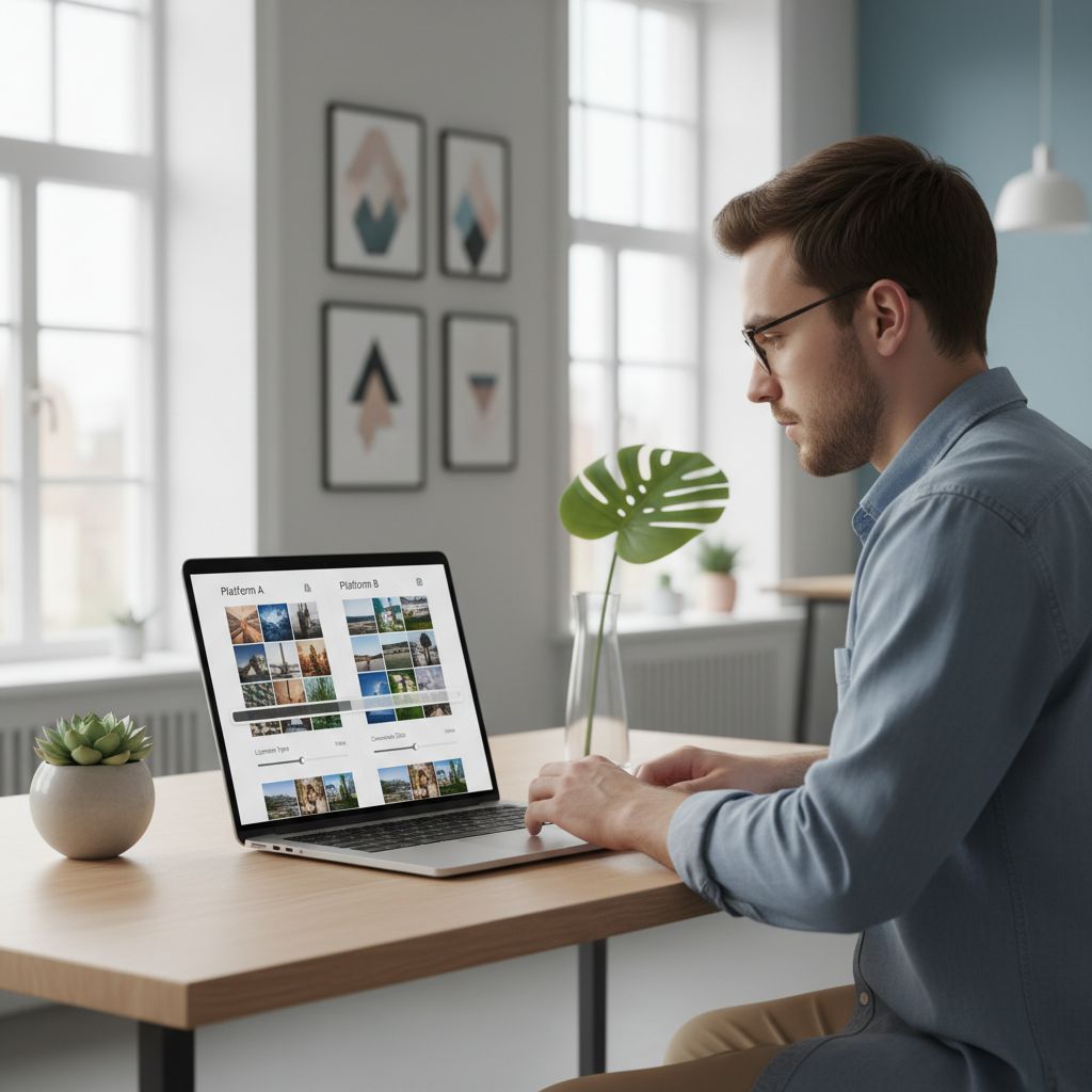 Un graphique comparant les licences et les usages recommandés pour les banques d'images gratuites comme Unsplash et Pixabay.