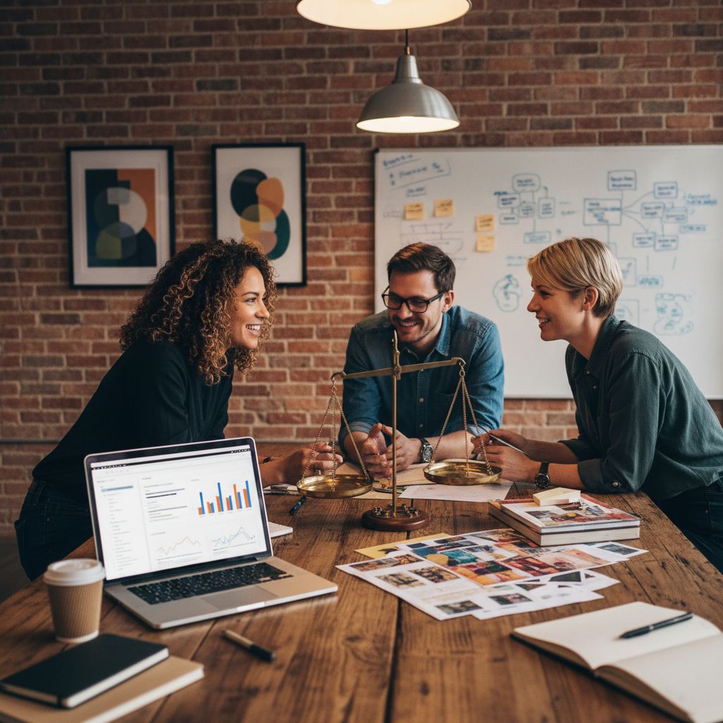 An infographic with icons for different business sectors (agency, e-commerce, health, real estate) showing a balance scale. On one side is 'AI for Scale' listing tasks like drafts and reports. On the other side is 'Human for Connection' listing tasks like brand stories and sales copy.