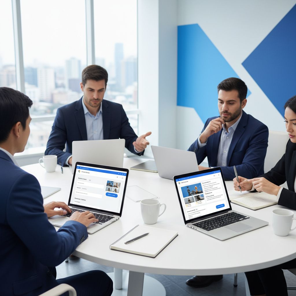 Une infographie simple montrant les étapes pour optimiser une fiche Google Business Profile : 1. Compléter les infos, 2. Ajouter des photos, 3. Obtenir des avis, 4. Publier des posts.