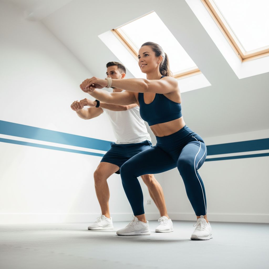 Un coach personnel montre un exercice à un client dans un studio de fitness privé et lumineux.
