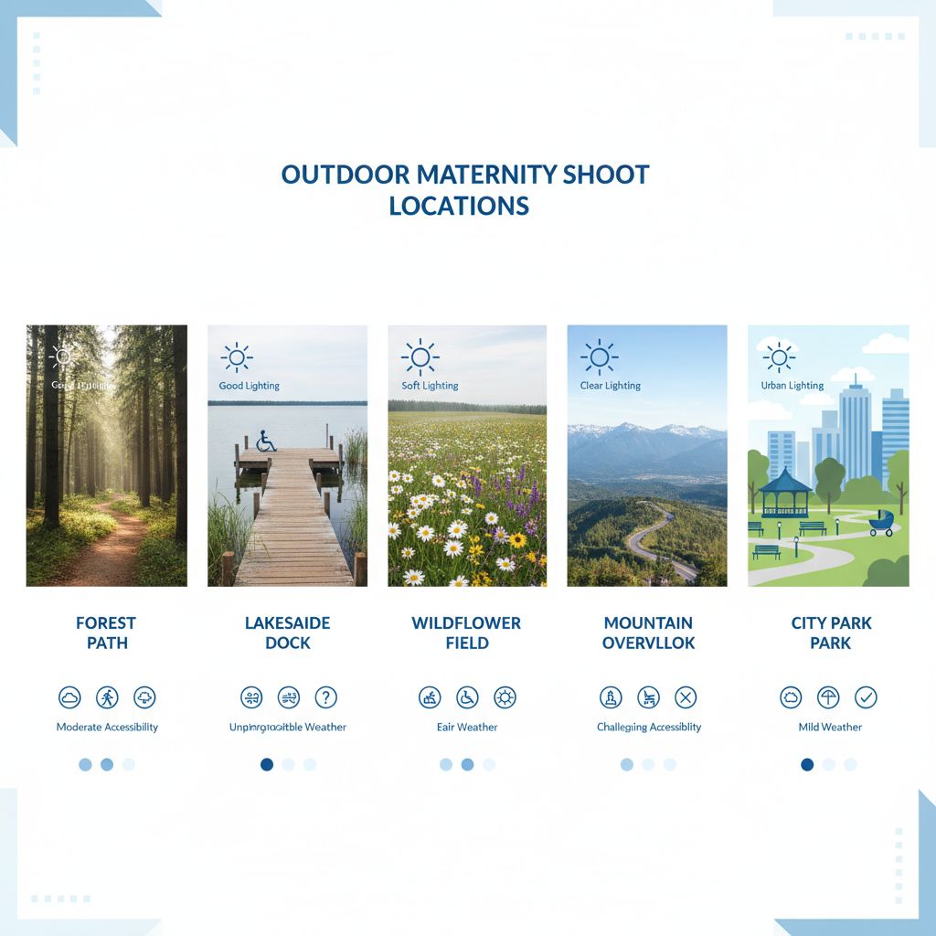 Un tableau qui compare 5 types de lieux (Forêt, Lac, Champ, Montagne, Ville) pour un shooting maternité en extérieur, avec les avantages et inconvénients de chaque.