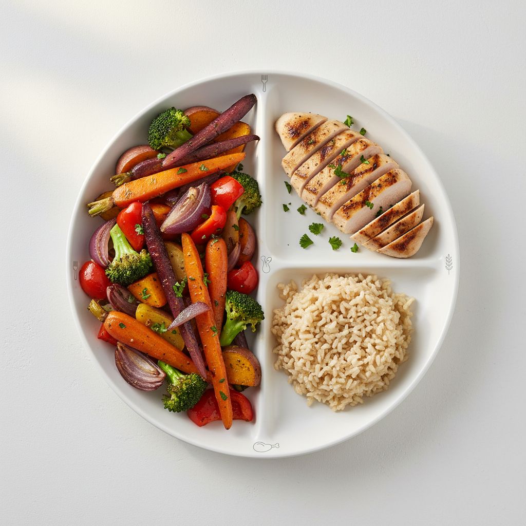 Une infographie qui vous montre l'assiette parfaite en un coup d'œil : la moitié en légumes, un quart en protéines, et le dernier quart en féculents. On voit même des petites icônes pour s'y retrouver.