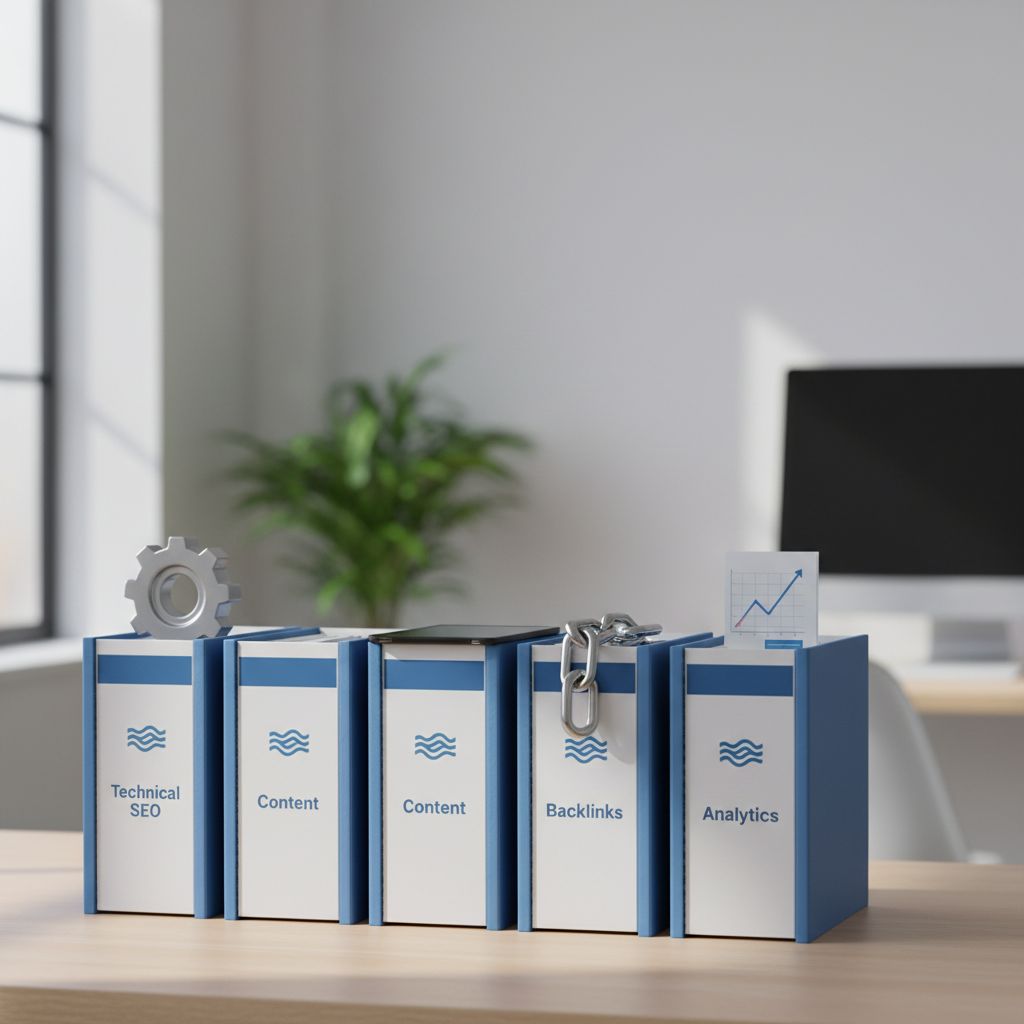 An infographic flowchart that breaks down SEO automation into four main parts: Technical SEO, Content, Backlinks, and Analytics, each with some little icons to show what's included.