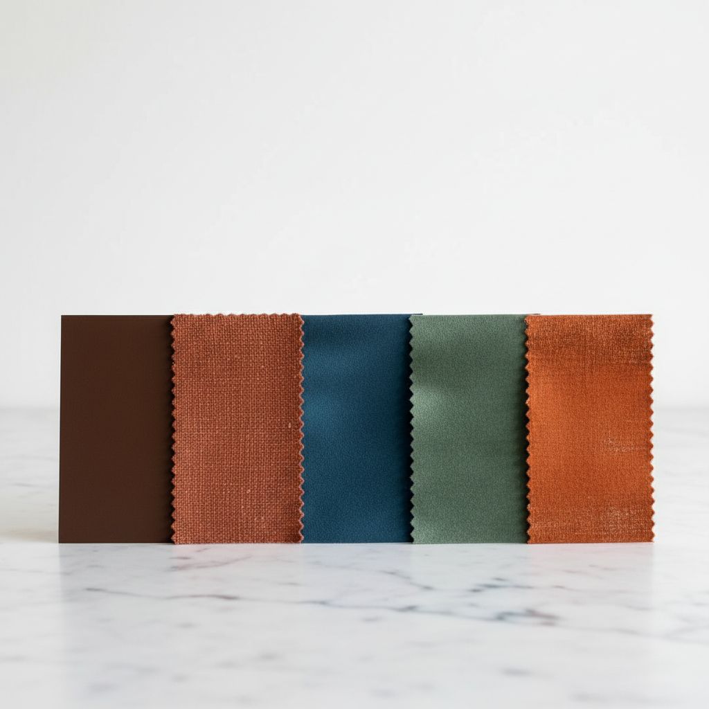 Une palette de couleurs pour 2025 montrant les teintes dominantes : brun chocolat, terracotta, bleu pétrole, vert forêt et orange ambré.
