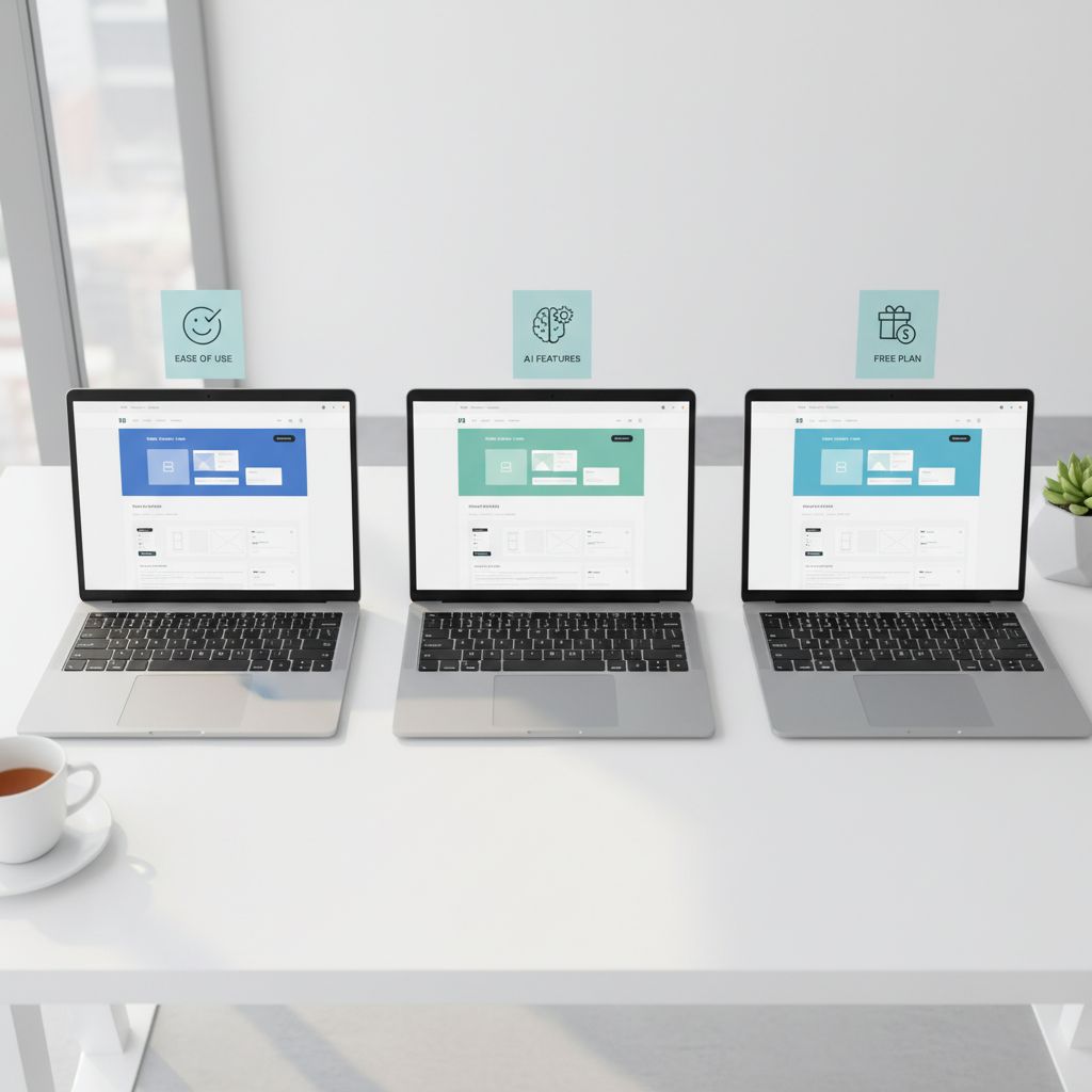 A quick comparison of 8 AI website builders, showing how they stack up on 'Ease of Use,' 'AI Features,' and what you get (and don't get) with their free plans.