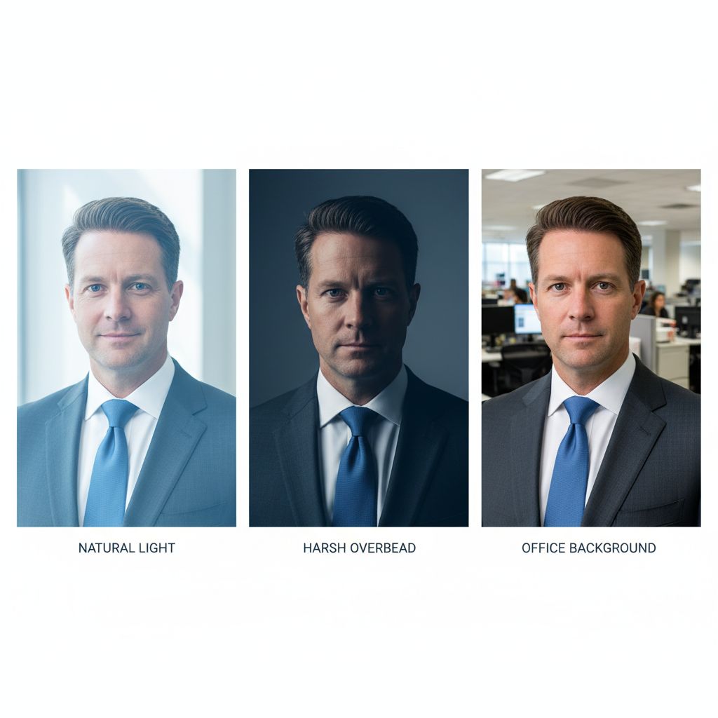 Infographie simple montrant trois exemples de photos : une avec un bon éclairage naturel, une avec des ombres dures, et une avec un arrière-plan chargé et distrayant.