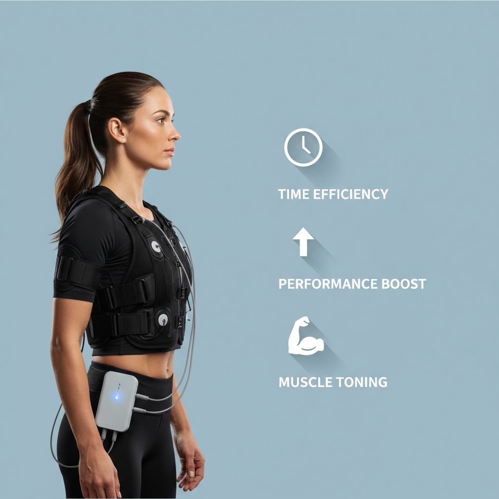 Un schéma montrant comment l'EMS (Électrostimulation Musculaire) fonctionne, avec des icônes représentant un gain de temps, une efficacité accrue et un travail musculaire complet.
