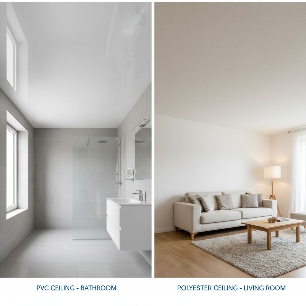 Un tableau pour comparer en un coup d'œil les plafonds en PVC et en polyester, avec leurs points forts et leurs faiblesses selon la pièce. Un tableau pour comparer en un coup d'œil les plafonds en PVC et en polyester, avec leurs points forts et leurs faiblesses selon la pièce.