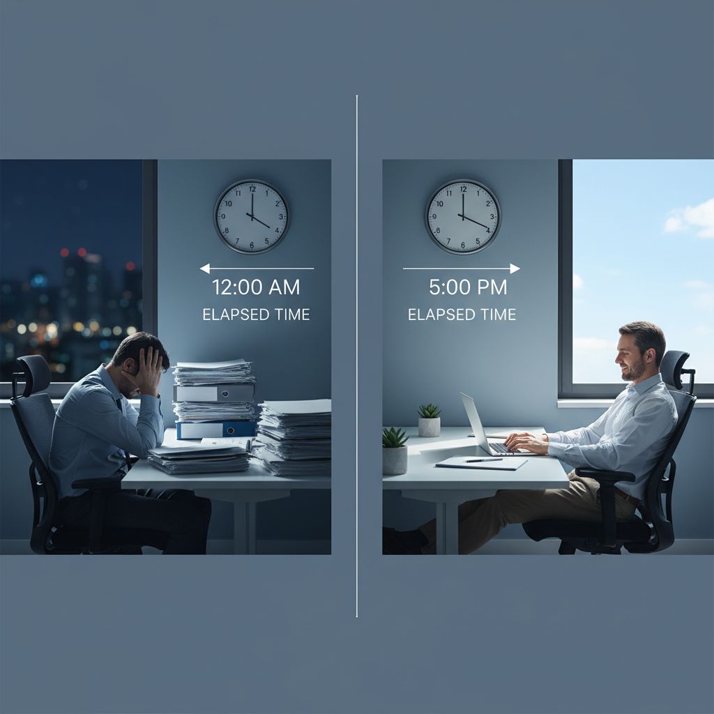 An infographic showing the difference in time to create 30 articles by hand vs. using an AI tool. The manual process takes weeks, while the AI does it in hours.