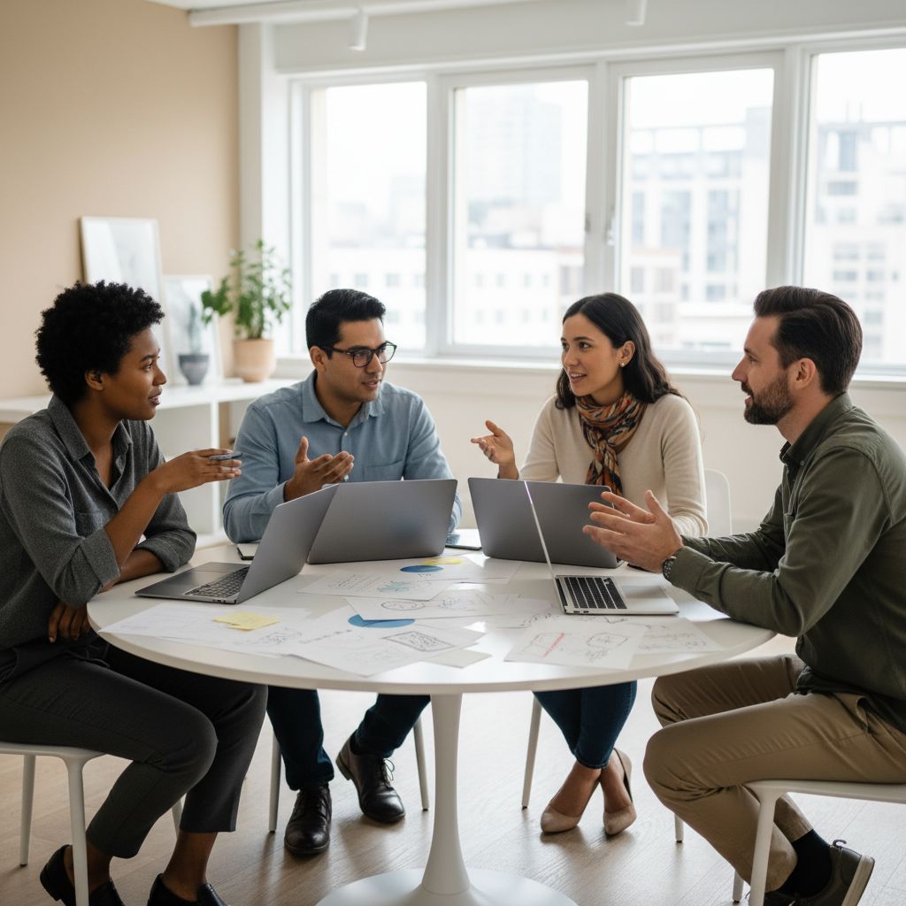 Notre processus créatif en 4 étapes simples : Briefing, Conception, Réalisation et Déploiement, illustrées par des icônes claires.