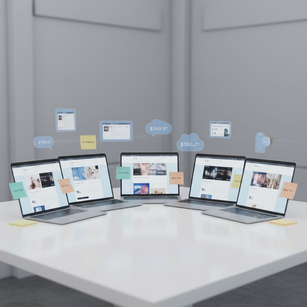 A comparison table of 7 AI website builders, showing columns for AI Features, Free Plan, and Best For. Each platform like Wix, Squarespace, and Framer has its key details summarized.
