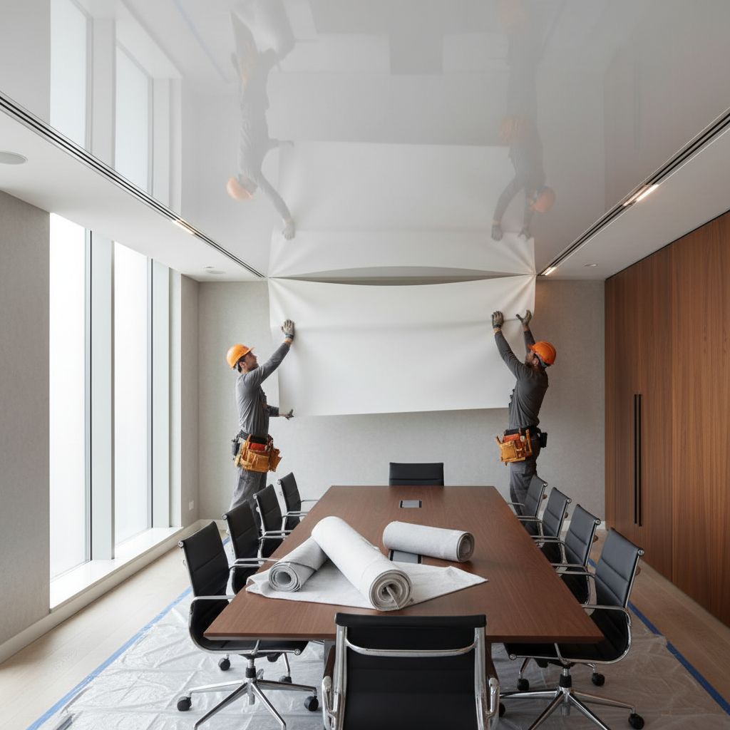 Un aperçu de la répartition des coûts d'un faux plafond tendu : on voit que la main-d'œuvre compte pour 45 %, la toile pour 40 %, et les options (éclairage, isolation...) pour les 15 % restants.