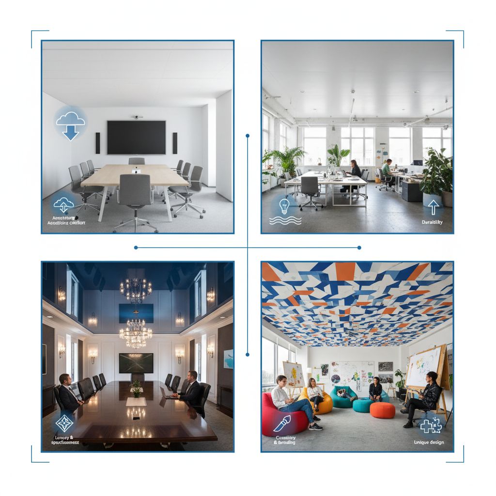 Infographie qui compare les différentes finitions pour un plafond tendu (mat, satiné, laqué, imprimé) et leurs avantages pour un bureau.