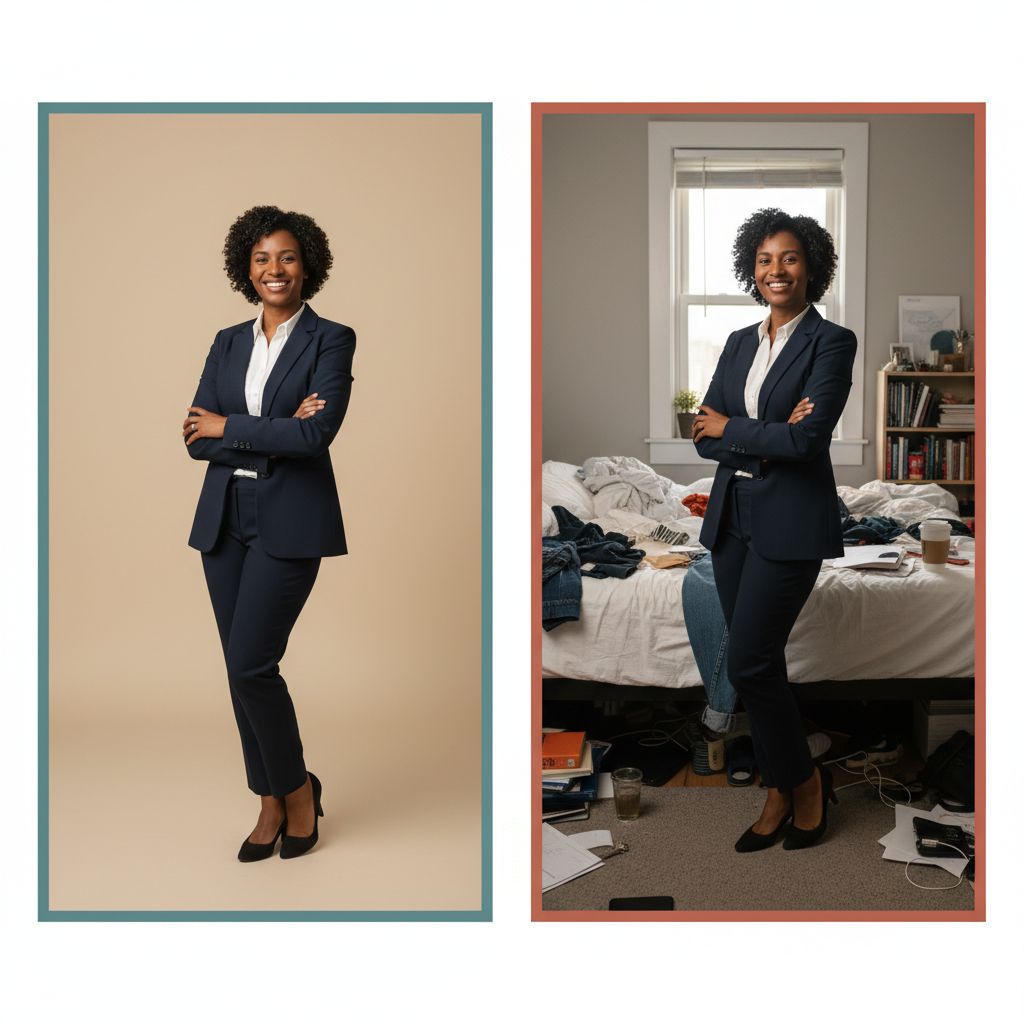 Comparaison visuelle entre un bon arrière-plan (mur uni et neutre) et un mauvais arrière-plan (chambre en désordre) pour une photo de CV.