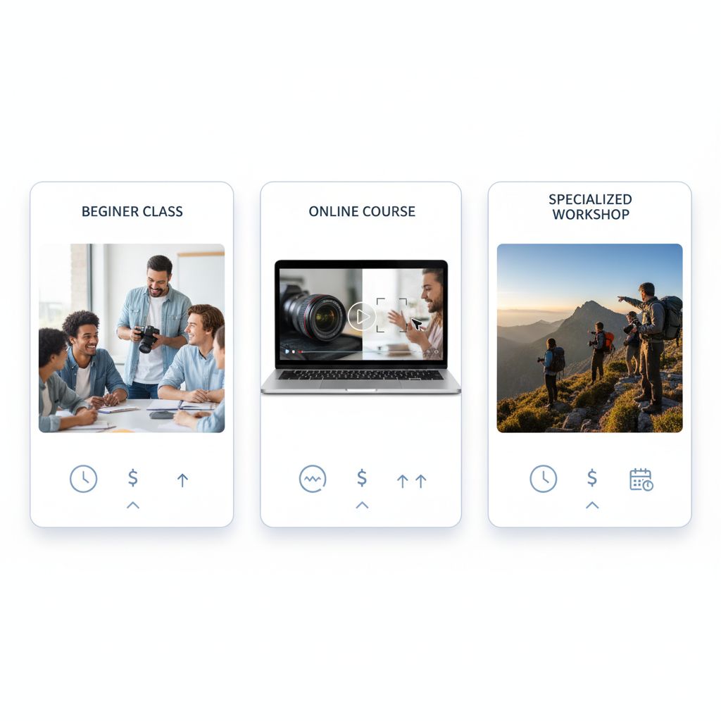 Un tableau comparatif simple de différents types de cours photo: cours débutant, formation en ligne, et workshop spécialisé, comparant la durée, le coût et le niveau requis.