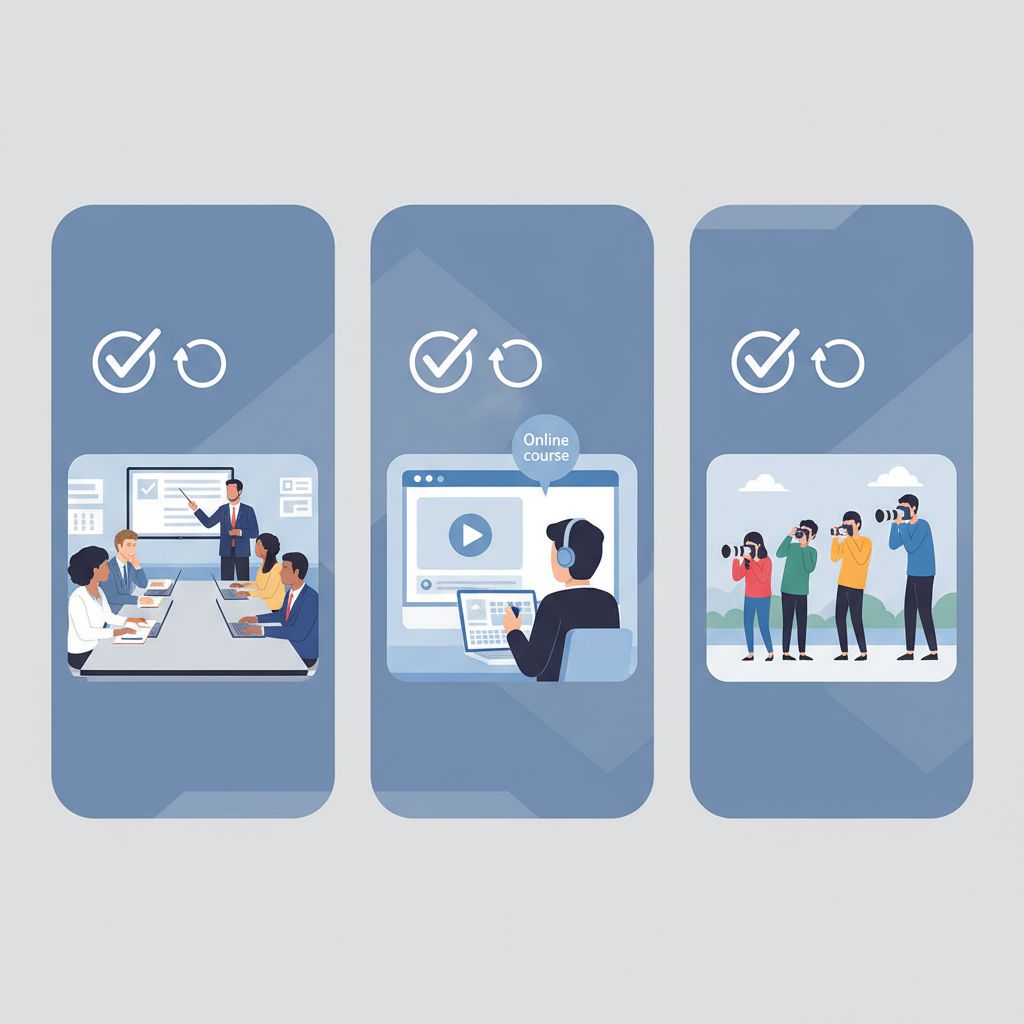 Tableau comparatif des types de formation photo: structurée, en ligne et pratique, avec des critères comme la durée, le coût, la flexibilité et le public cible.