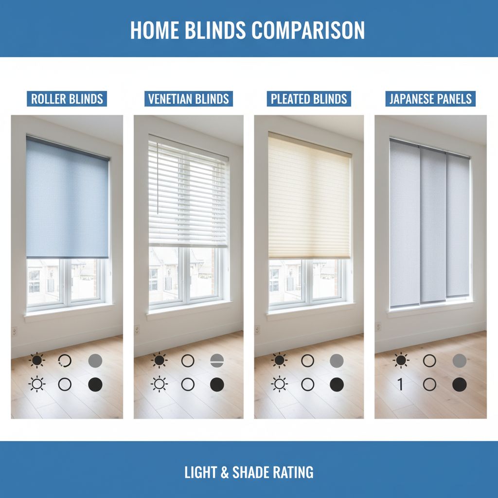 Infographie simple comparant quatre types de stores intérieurs (enrouleur, vénitien, plissé, panneaux japonais) sur des critères comme le contrôle de la lumière, l'occultation et le style.