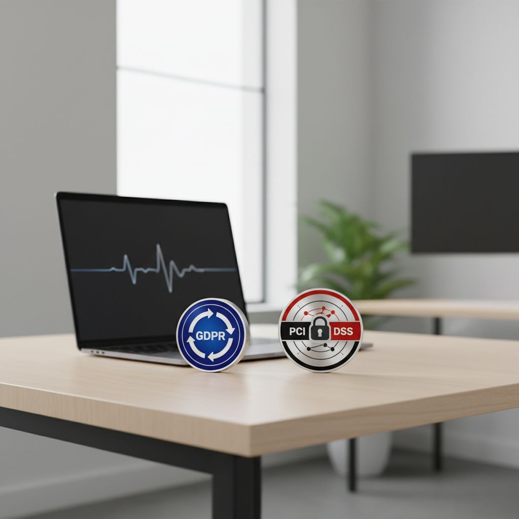 Simple graphic showing the GDPR shield logo and the PCI DSS compliance logo side-by-side.