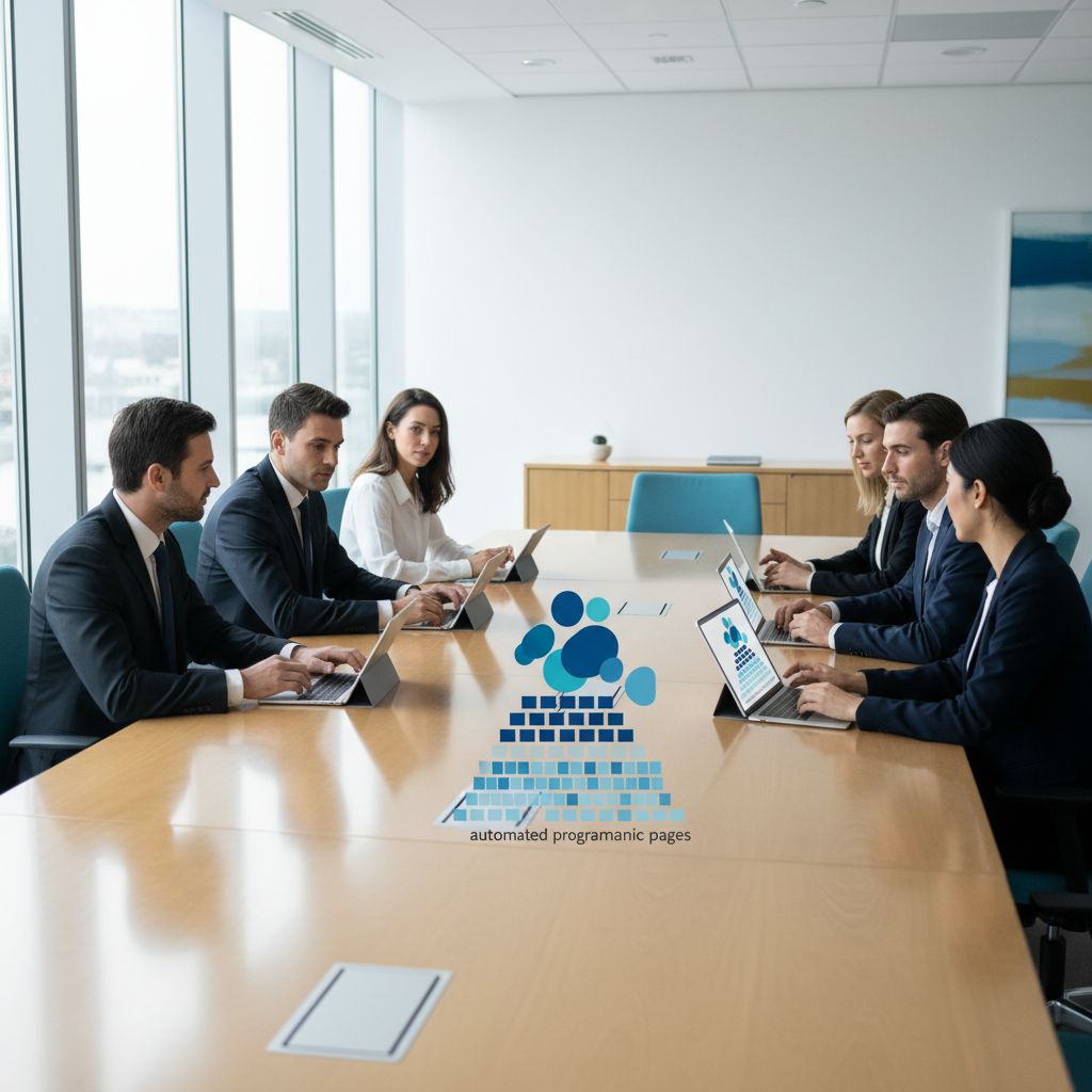 A pyramid diagram showing the scalability of content. Base: 1000s of programmatic pages (Automated). Middle: 100s of blog posts (Automated/Hybrid). Top: 10s of hero content pieces (Human-led).