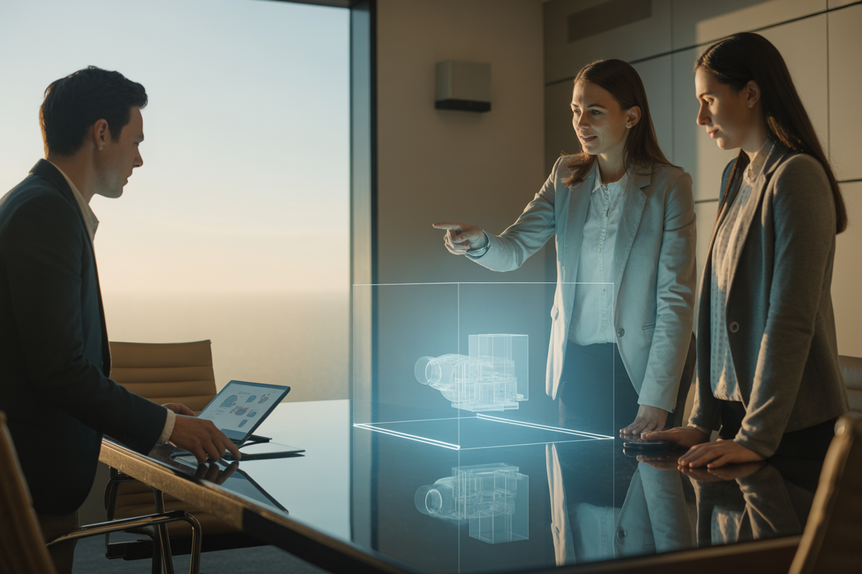 A DALL-E 3 generated image showing a realistic scene of a marketing team collaborating around a futuristic-looking holographic interface.