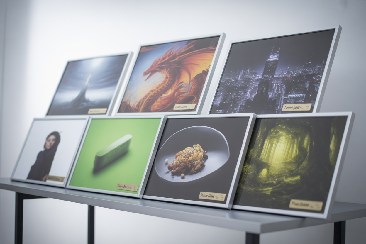 A collage of hyper-realistic and cinematic images created by Midjourney, showcasing different styles from fantasy art to photorealism.