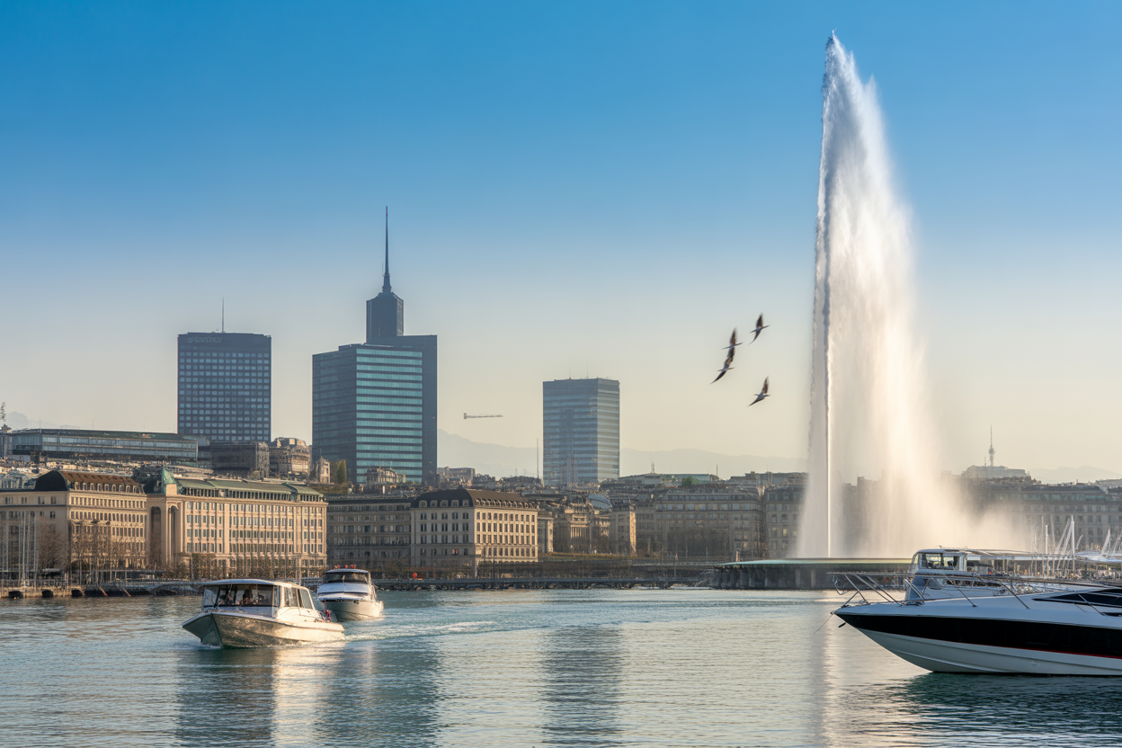 Photo professionnelle de l'horizon de Genève avec le jet d'eau, symbolisant le dynamisme économique de la région.
