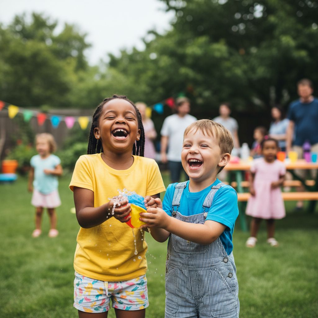 Un cliché sur le vif de deux enfants qui éclatent de rire pendant un jeu, un vrai moment de spontanéité.