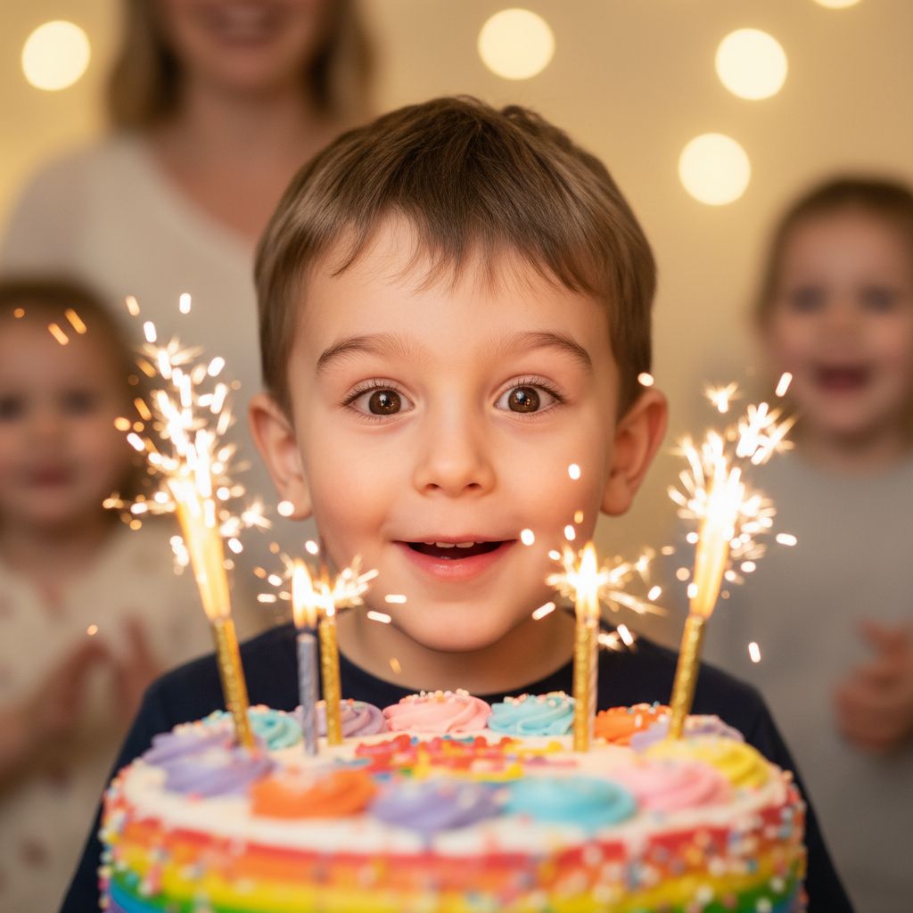 Photo prise à hauteur d'enfant, montrant un petit garçon qui regarde avec émerveillement son gâteau d'anniversaire.