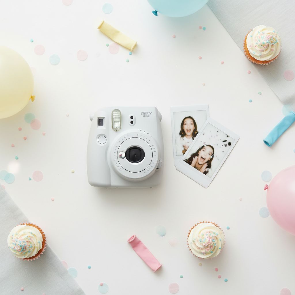 Un appareil photo instantané sur une table joliment décorée pour une fête d'enfant, avec quelques clichés tout juste sortis à côté.