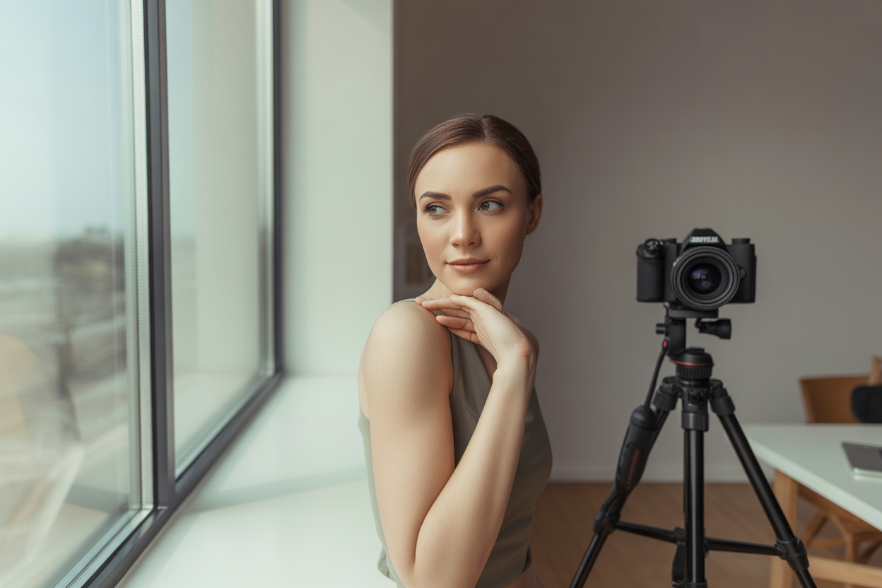 Silhouette d'une personne posant élégamment près d'une fenêtre baignée de lumière naturelle, créant un contraste artistique entre l'ombre et la lumière.