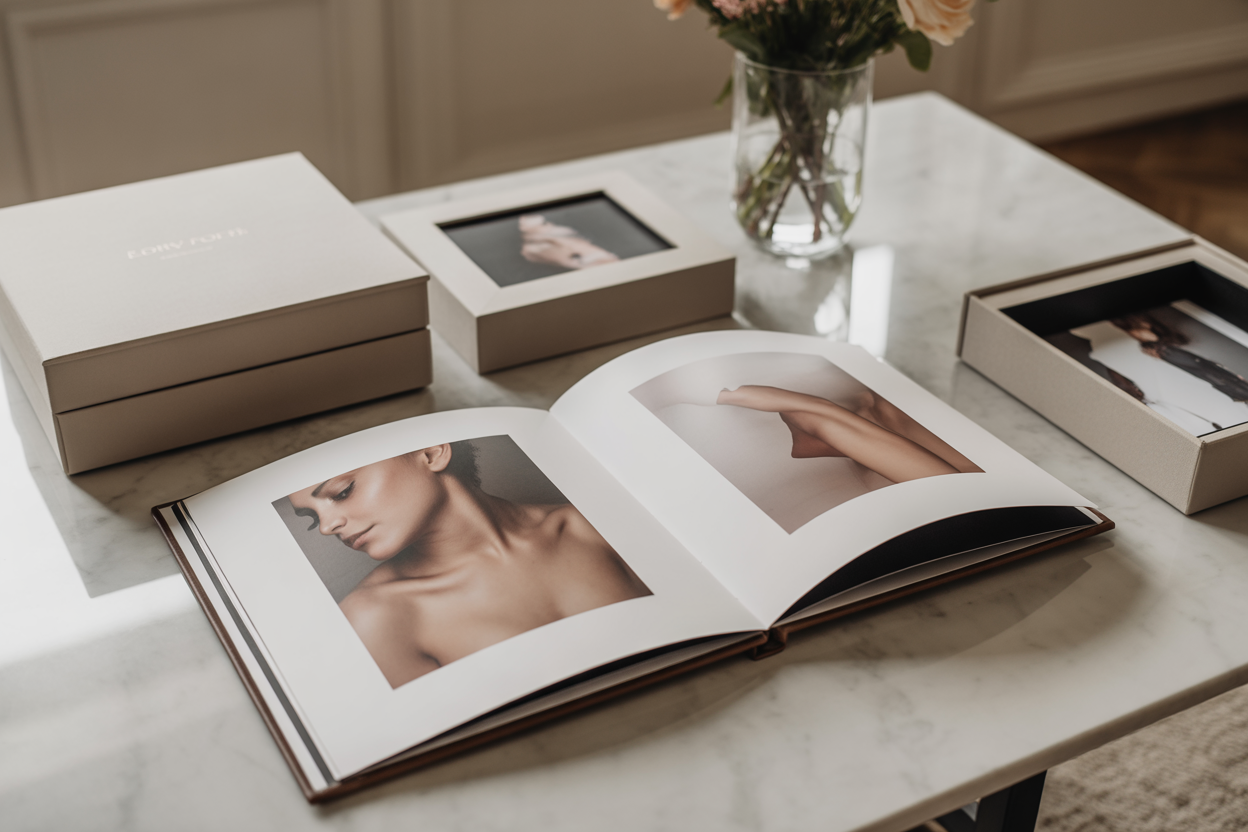 Un album photo boudoir de haute qualité ouvert sur une table, montrant des images imprimées avec soin, symbolisant le souvenir tangible de l'expérience.