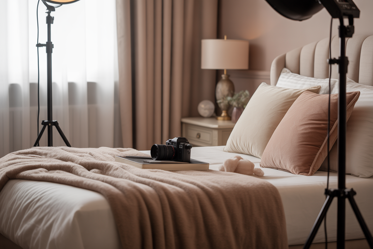 Un studio photo chaleureux et bien aménagé pour une séance boudoir, avec un lit confortable, des coussins et des draps en texture douce.