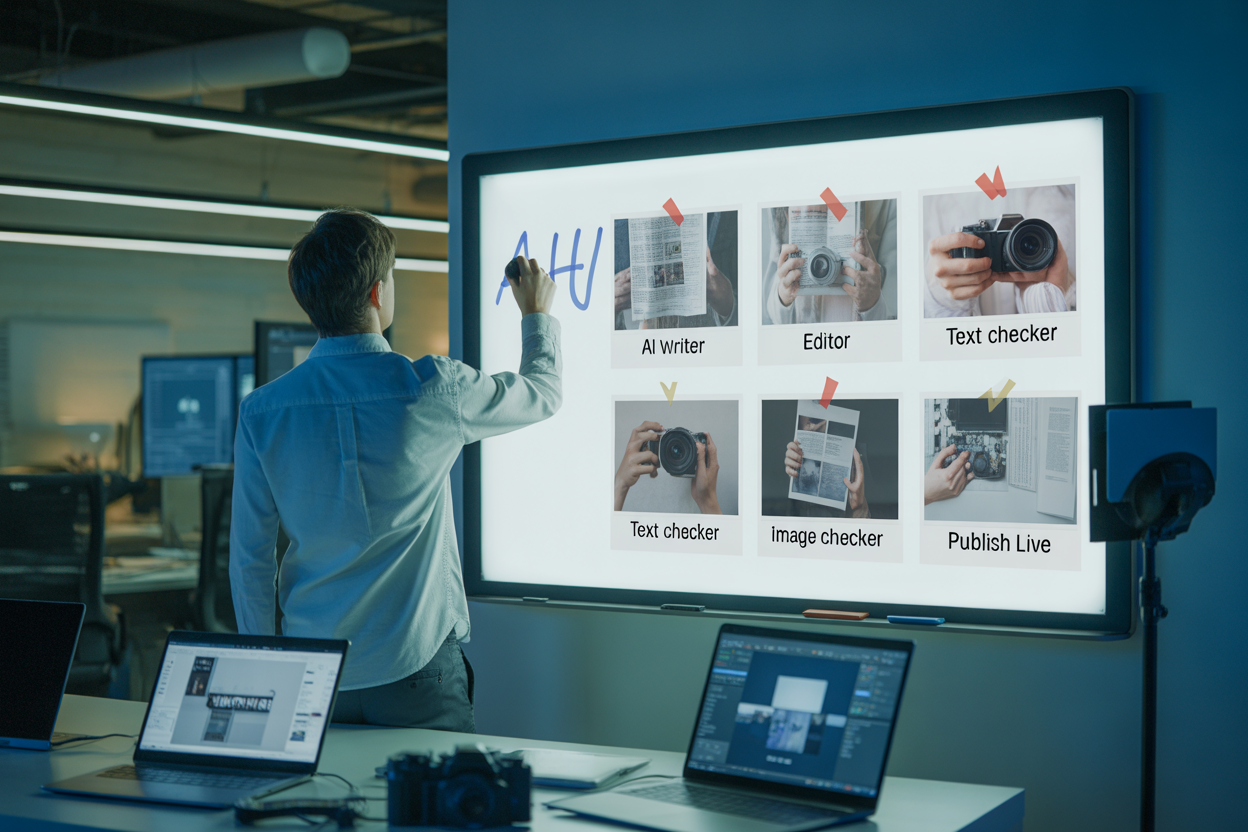 A simple flowchart showing a content workflow: 1. Generate text with AI. 2. Human review and edit. 3. Run through an AI text checker. 4. Run images through an AI image checker. 5. Publish.