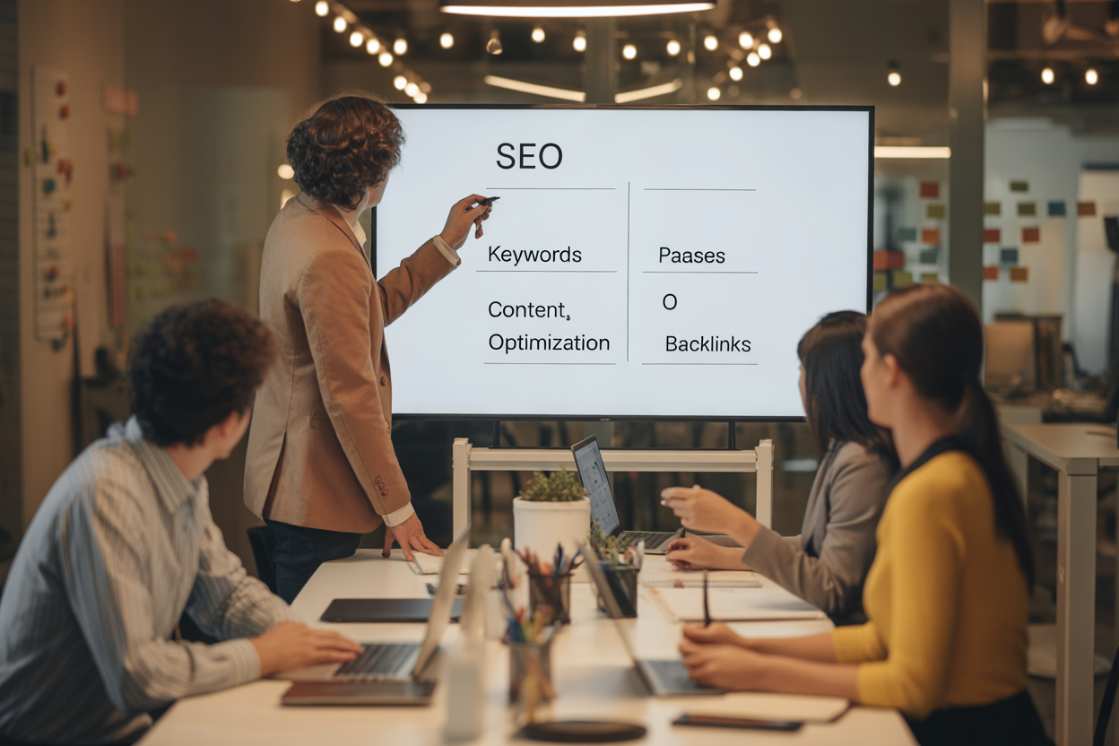 A simple diagram laying out the main SEO steps: First, you do keyword research. Then, create content around it. Next is on-page optimization. And finally, you build backlinks.