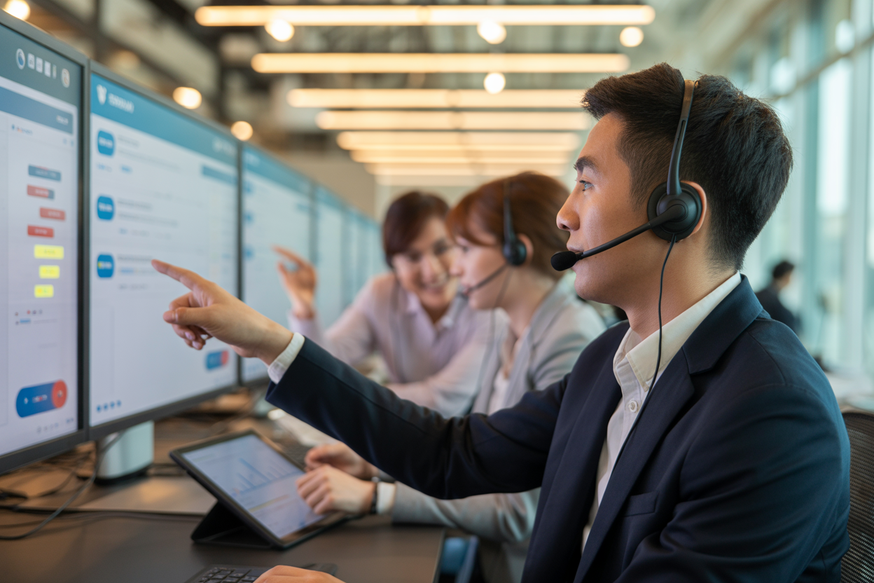 A diagram showing a customer query being instantly handled by an AI agent, with complex issues being escalated to a human agent, improving overall efficiency.