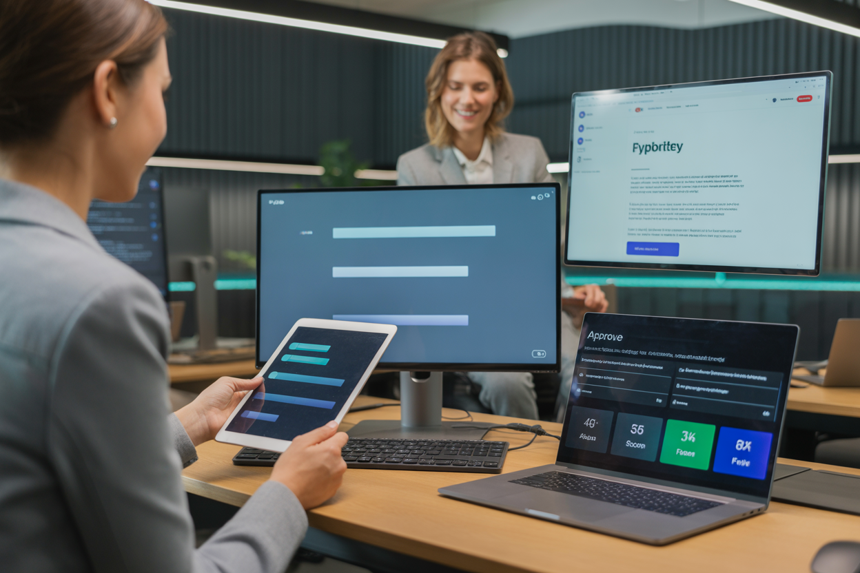 A flowchart showing the AI-enhanced content creation process: 1. AI Keyword Input, 2. AI Topic & Outline Generation, 3. Human Writing & Refinement, 4. AI Optimization, 5. Final Publication.