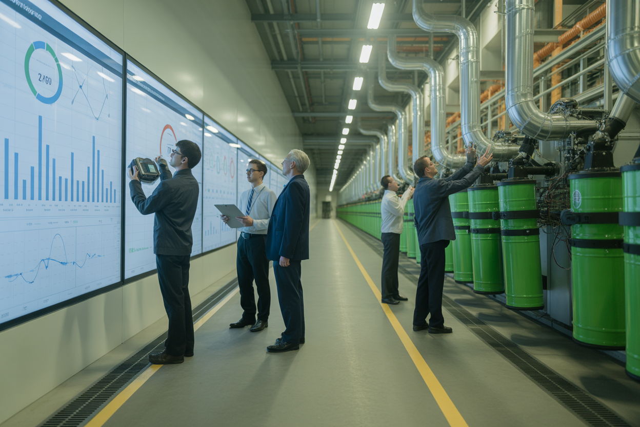 A simple 4-step circular diagram illustrating the emission management process: 1. On-site Testing, 2. Data Analysis & Reporting, 3. Setting Reduction Goals, 4. Implementing Changes.
