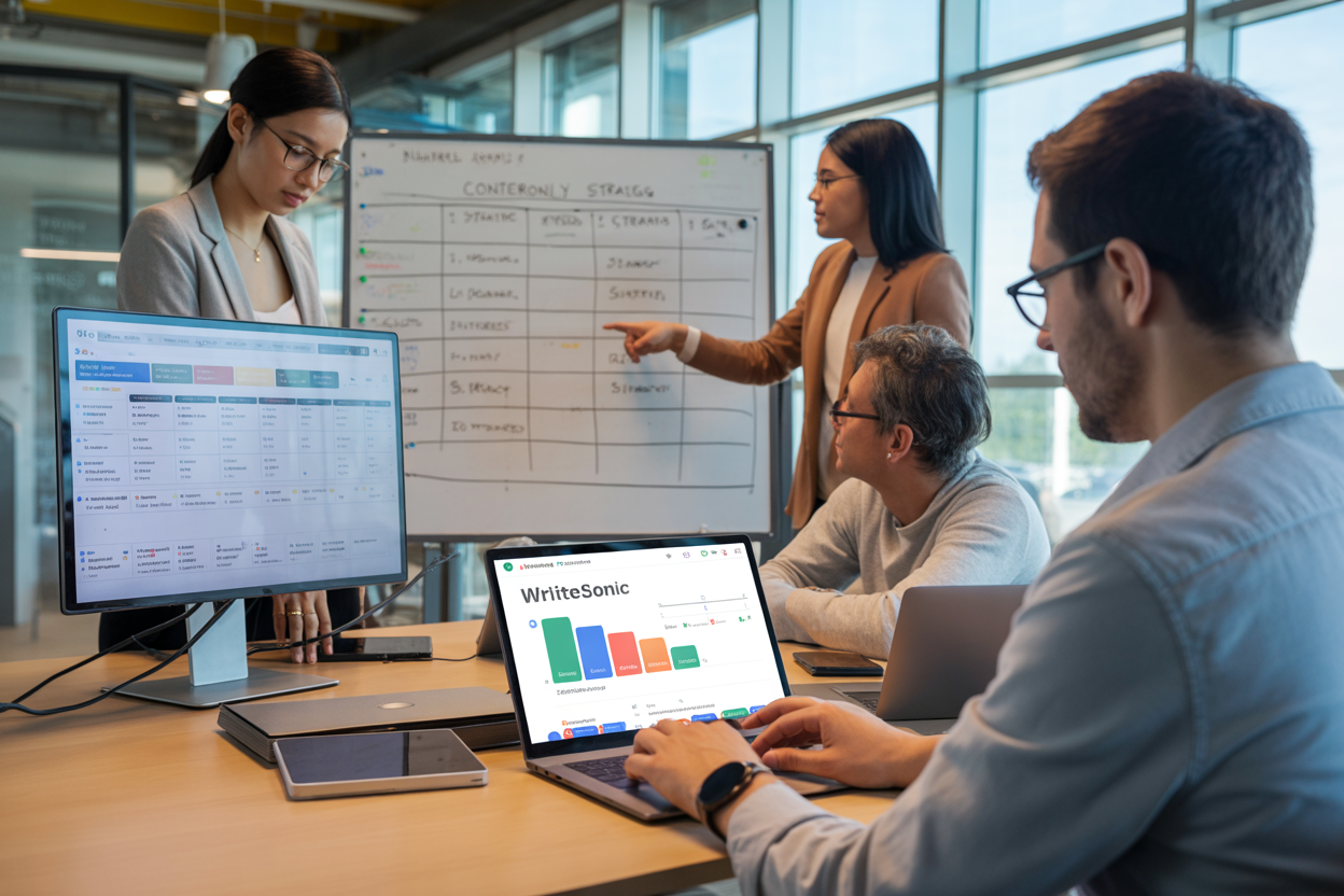 A diagram showing the content creation workflow, from AI generation to SEO optimization to publishing, highlighting where tools like Writesonic fit in.