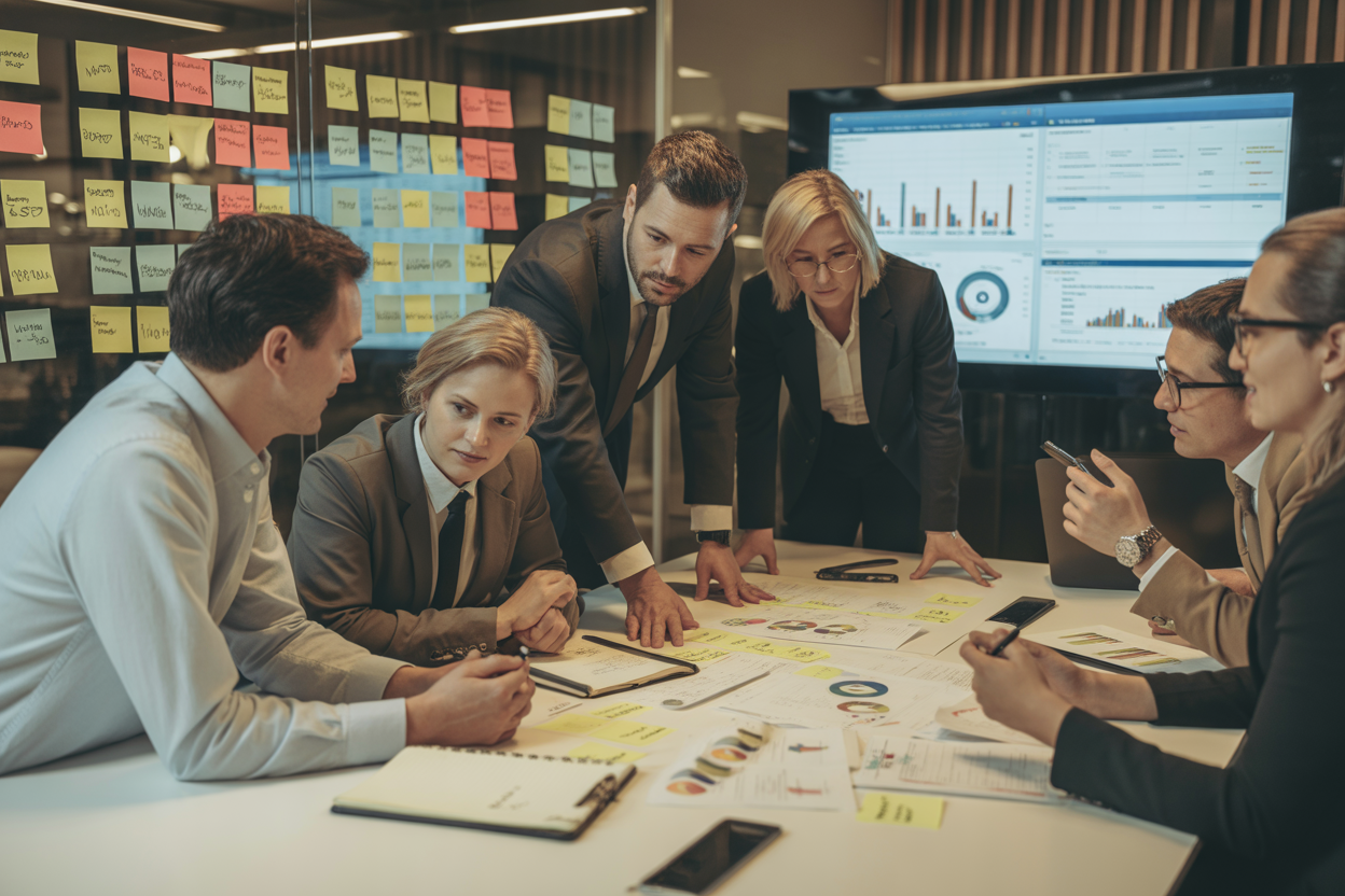 Un schéma illustrant une feuille de route pour l'intégration de l'IA, montrant les étapes de l'évaluation à la mesure des résultats, avec des icônes pour la gouvernance et l'éthique.