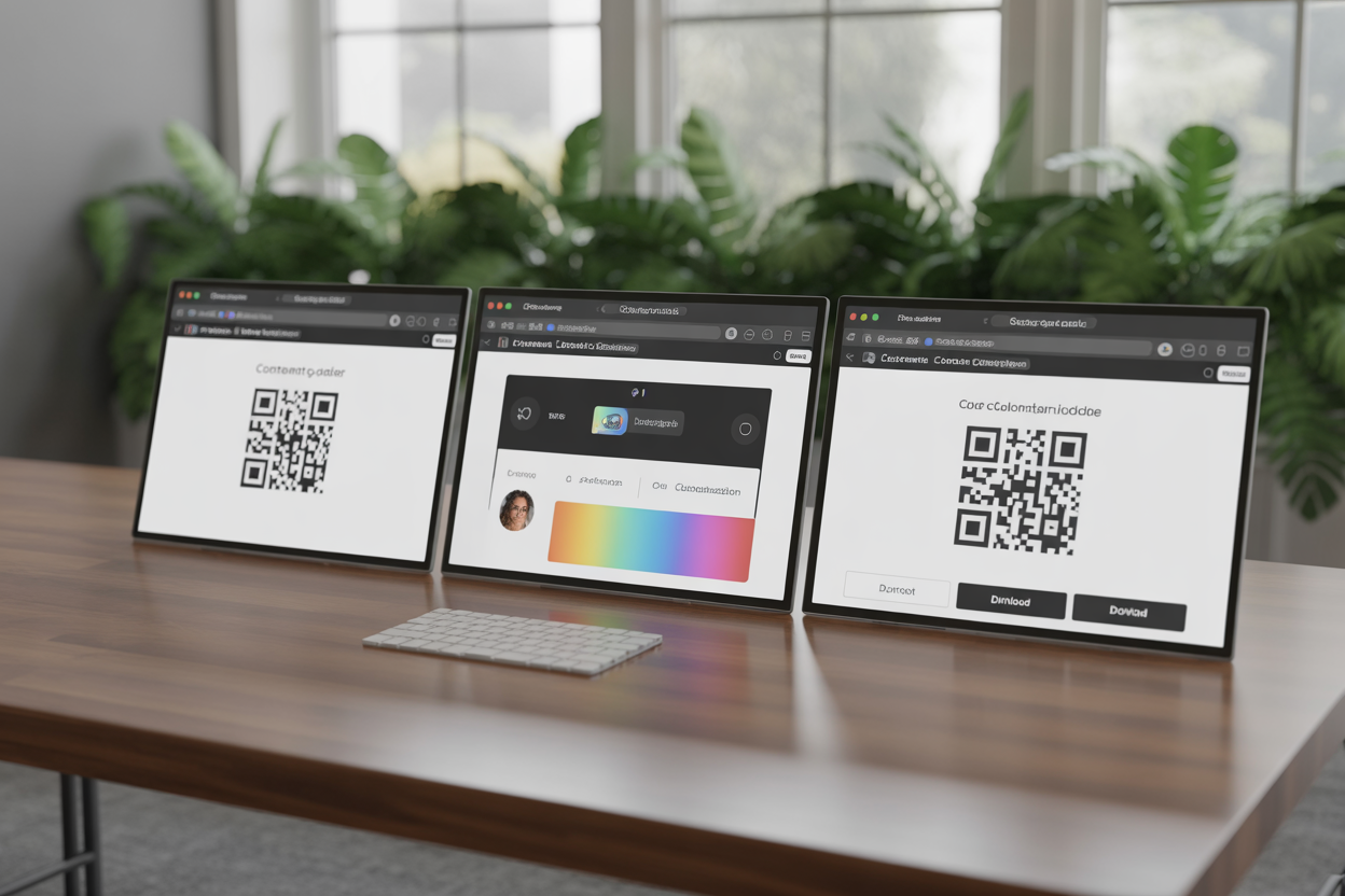 A simple 3-step diagram showing the process of creating a custom QR code in Scanova: 1. Choose Content Type, 2. Customize Design, 3. Download and Deploy.