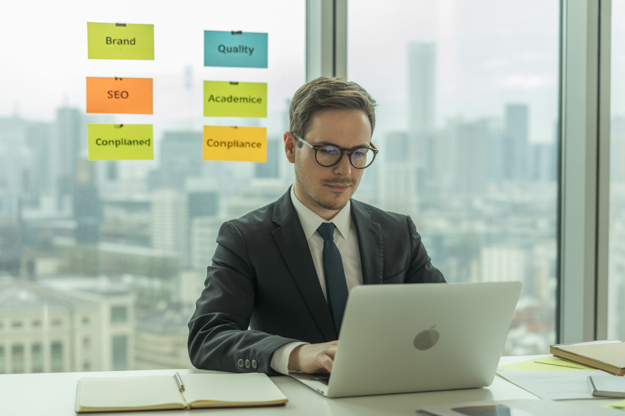 Schéma décisionnel aidant un entrepreneur suisse à choisir le bon AI detector selon ses priorités : qualité de marque, optimisation SEO, ou conformité académique.