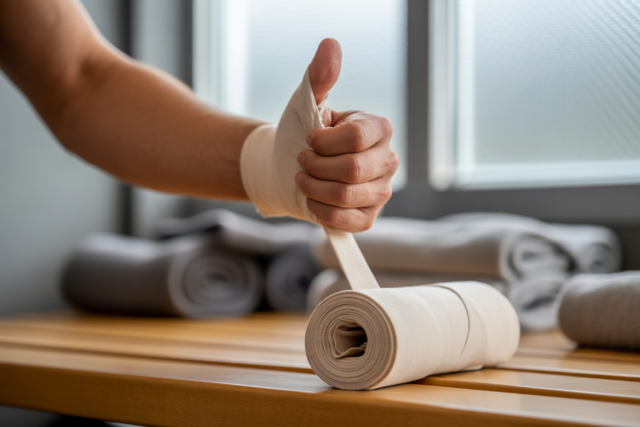 Étapes illustrées pour enrouler correctement les bandages de main pour la boxe, montrant le passage autour du pouce, des articulations et du poignet.